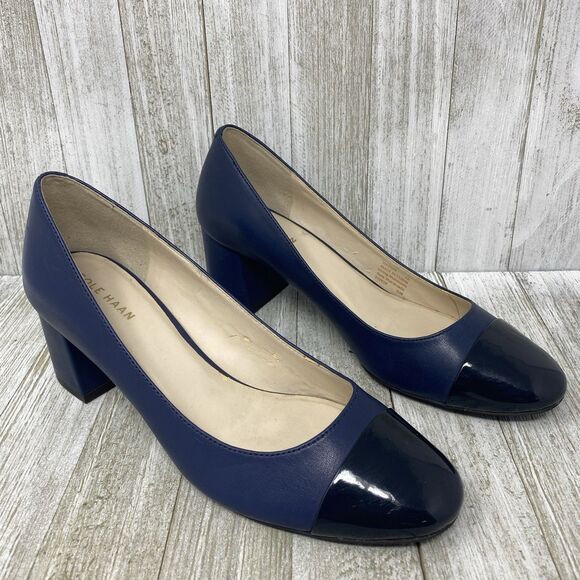 Cole Haan Shoes - Cole Haan Dawna Pumps Navy Blue Leather Block Heel Cap Toe Black Shoes Size 6 B